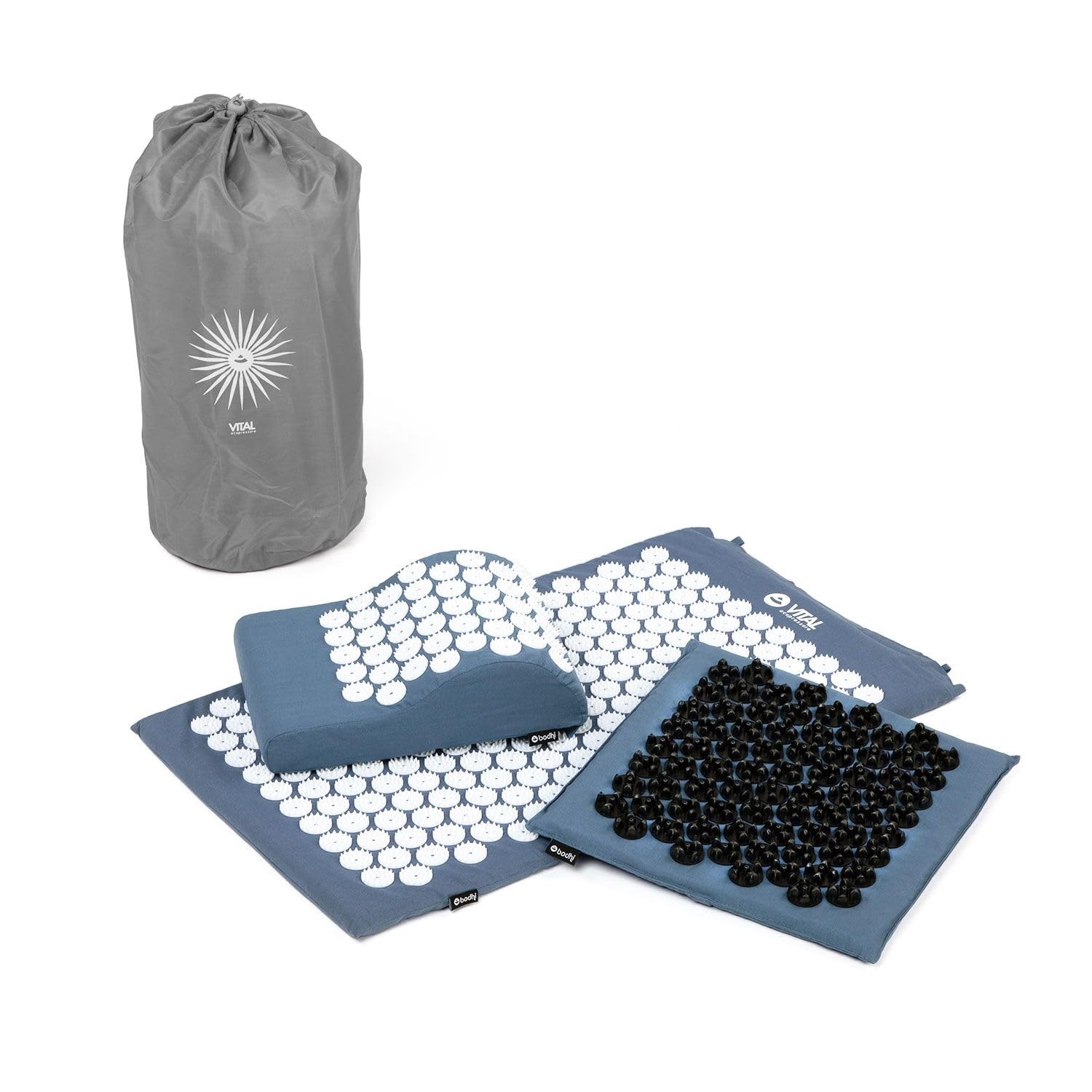 Bodhi Vital, tappetino per agopressione Deluxe, set di tappetini massaggianti in set con cuscino, zerbino e borsa | auto-massaggio per la casa | tappetino per fakir contro collo e mal di schiena | blu