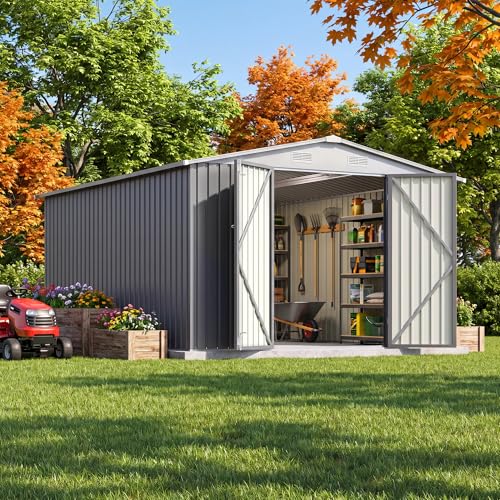 Image of JUMMICO 10x12 FT Outdoor Storage Shed, Heavy Duty Metal Shed with Lockable Door&Slooping Roof, Tool Shed for Garden Backyard Patio(Gray)