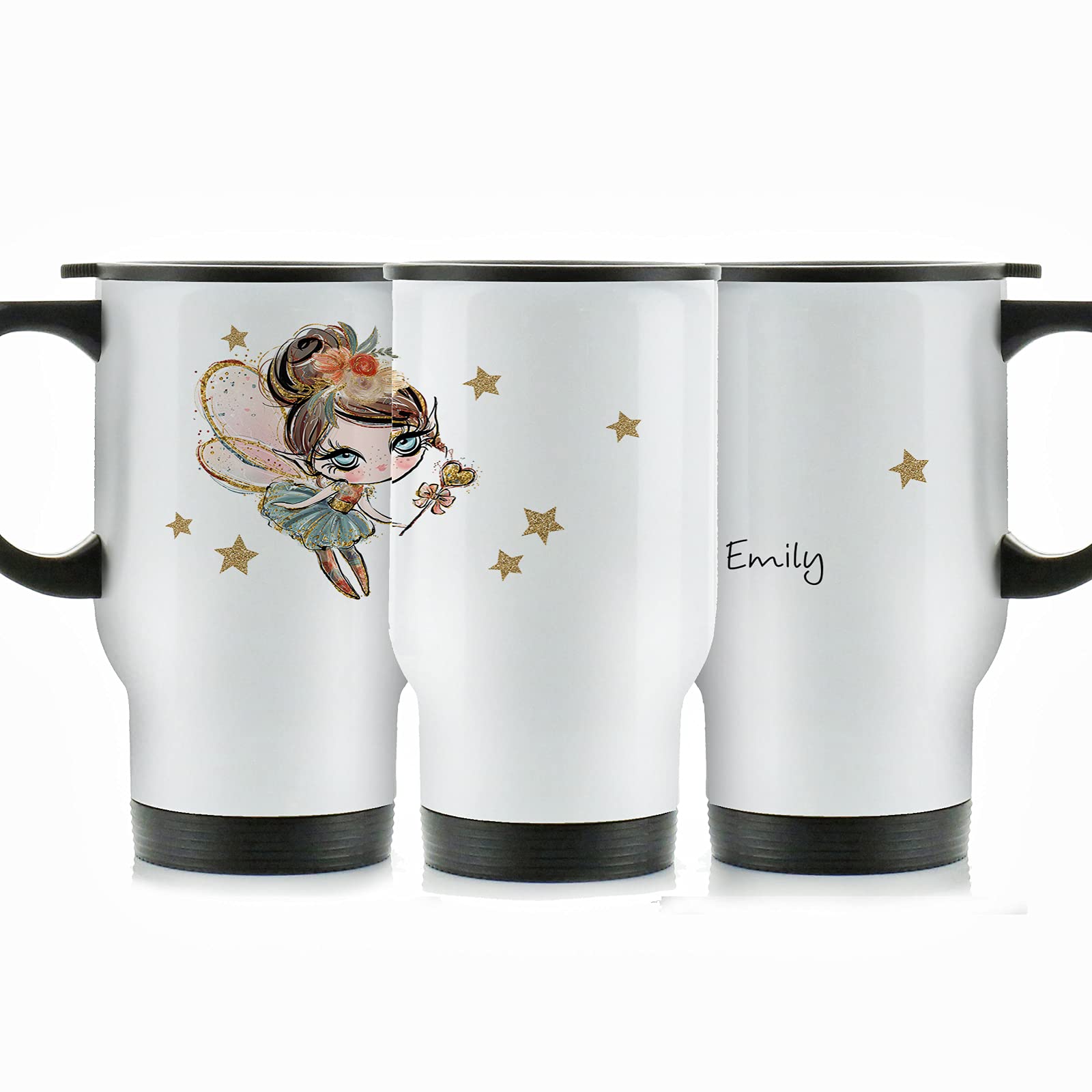 Hairyworm Personalised Travel Mug, 400ml White Stainless Steel Travel Mug with Handle, Customised with Initial/Name, Brown Star Fairy Design Print