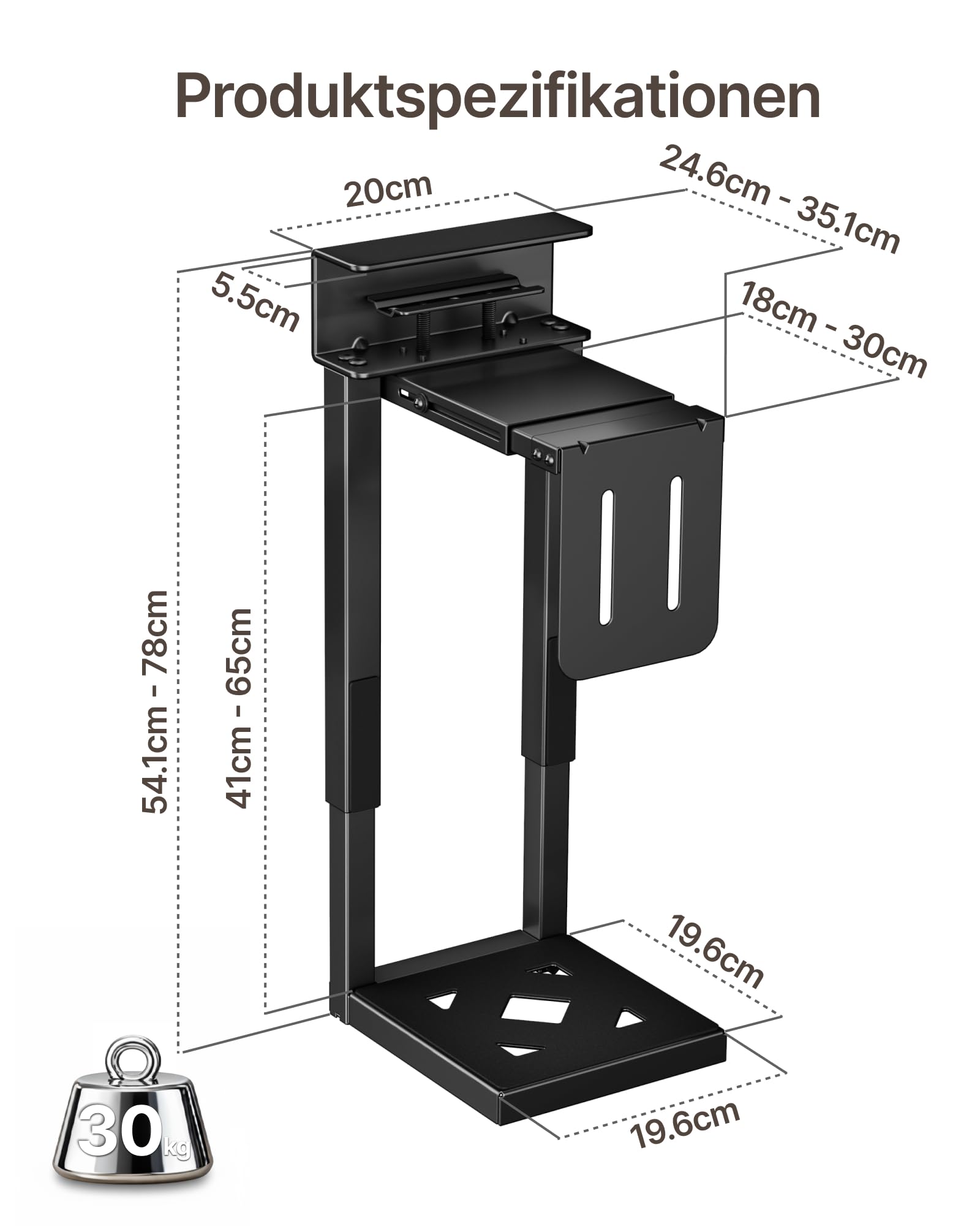 monTEK 30KG Heavy-Duty PC-Halterung unter Schreibtisch, Ohne Bohren montierbar, Verstellbare PC-Halterung mit Schutzpolstern, 16,1"-25,6" Höhe, ideal für Büro, Zuhause, Klassenraum, Schwarz