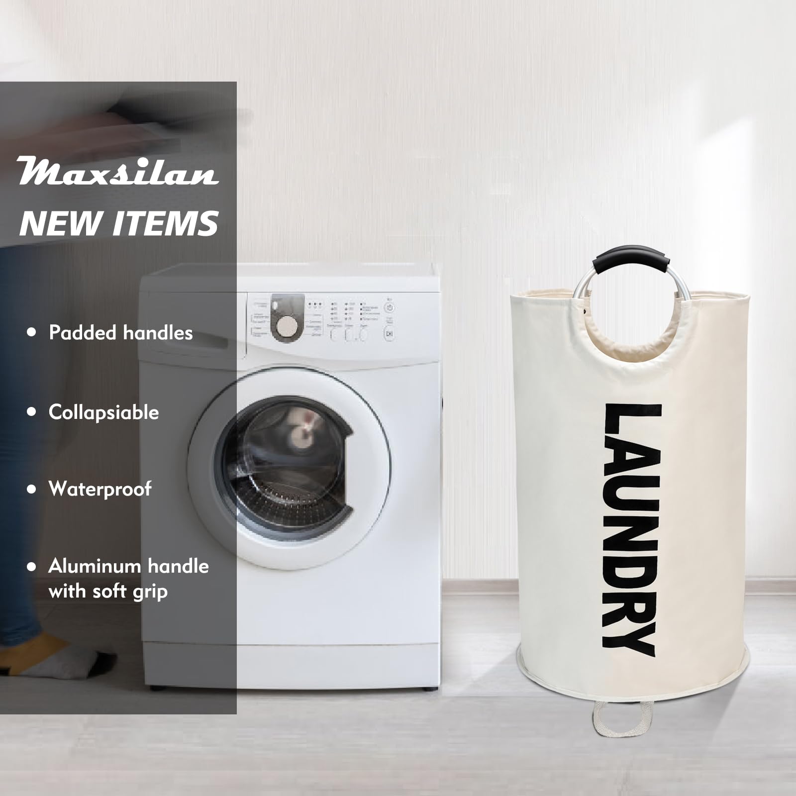 Maxsilan Cesto portabiancheria grande, 90 l, autoportante, alto, pieghevole, beige