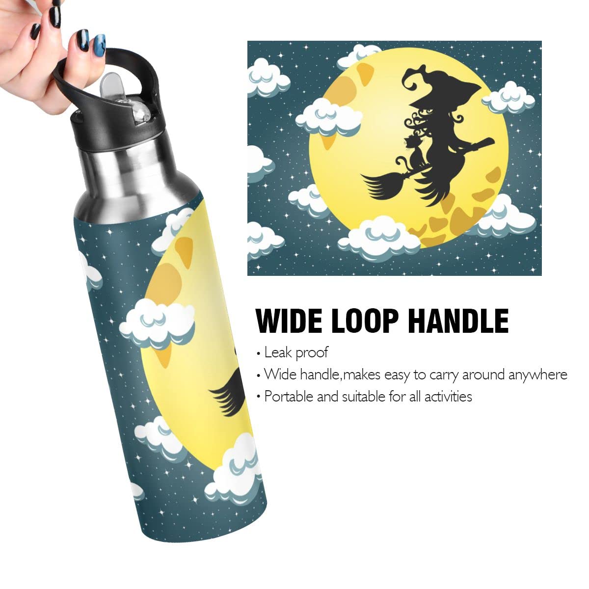 Edelstahl Wasserflasche mit Strohhalm, Halloween Hexe Isolierte Trinkflasche Sport Wasserflasche für Kinder Erwachsene, auslaufsicher, 1L