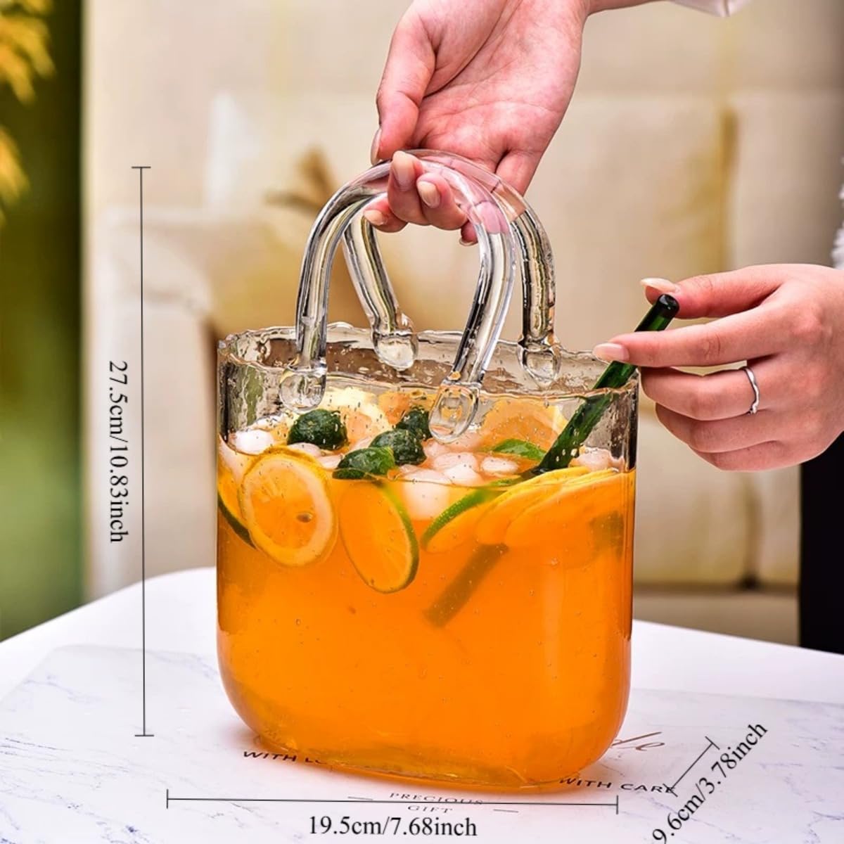 Set di brocche in vetro a forma di borsa con 6 tazze e cucchiaio, caraffa in vetro borosilicato per succhi, cocktail, fiori, decorazioni per feste e bar