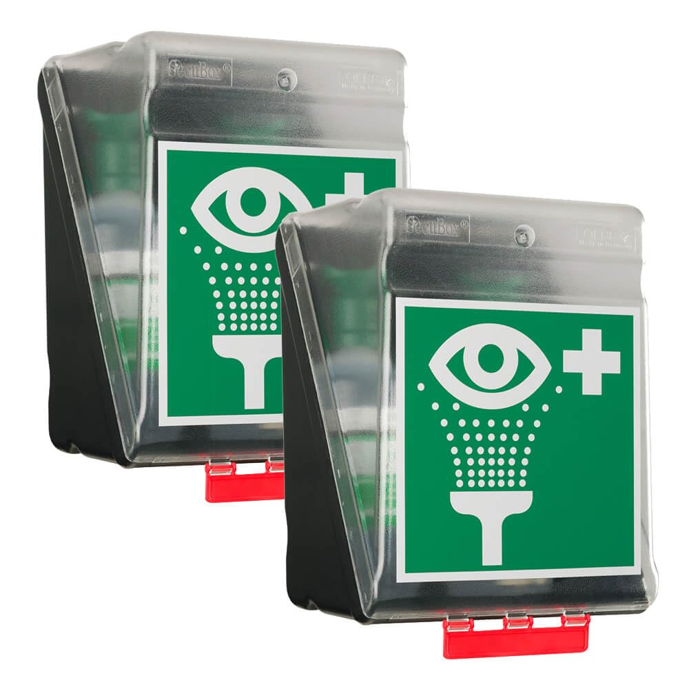 BIGPACK 2 x SecuBox Maxi Augenspülstation mit 4 x 1000 ml PLUM NaCl-Flaschen aus Kunststoff, Art.-Nr. 4707 + 4320301