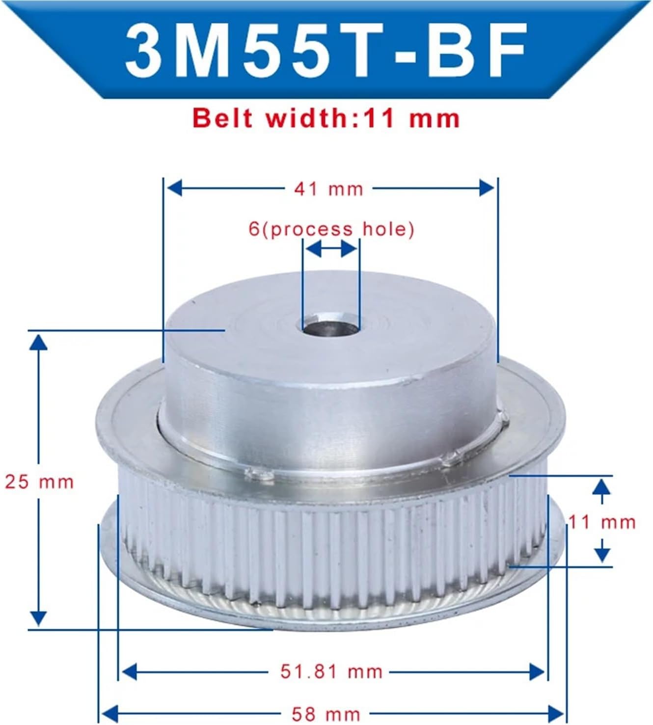 Pulley 3M-55T/60T/65T/70T Aluminum Material Belt Pulley Process Hole 6/10mm Slot Width 11mm for Width 10mm 3M-Timing Belt(55T-Rough Hole-6 mm)