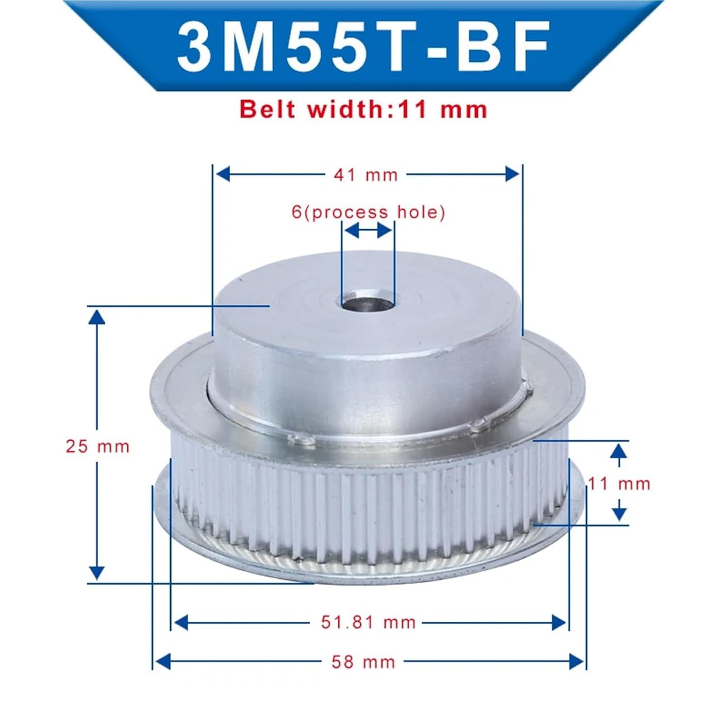 Pulley 3M-55T/60T/65T/70T Aluminum Material Belt Pulley Process Hole 6/10mm Slot Width 11mm for Width 10mm 3M-Timing Belt(60T-Rough Hole-6 mm)