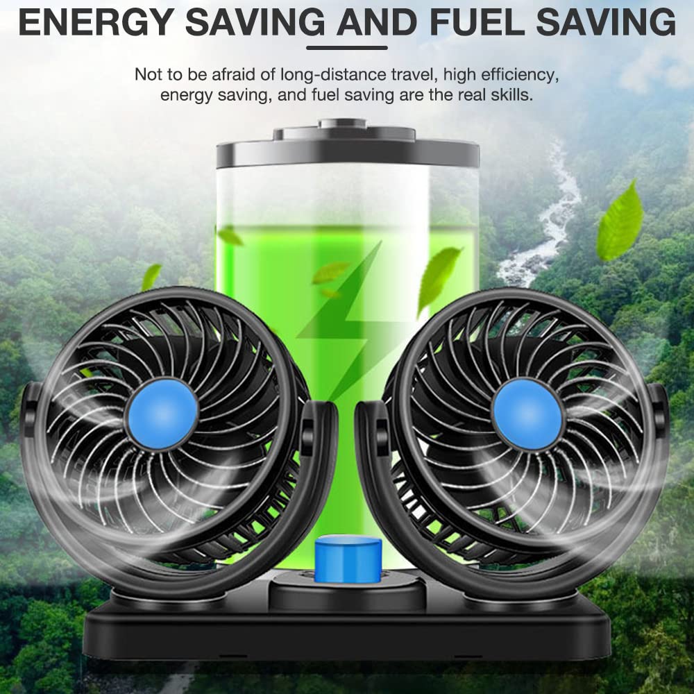 Ventilatore per auto a doppia testa, USB, 5V, raffreddamento 360°, compatibile con aria condizionata, basso rumore