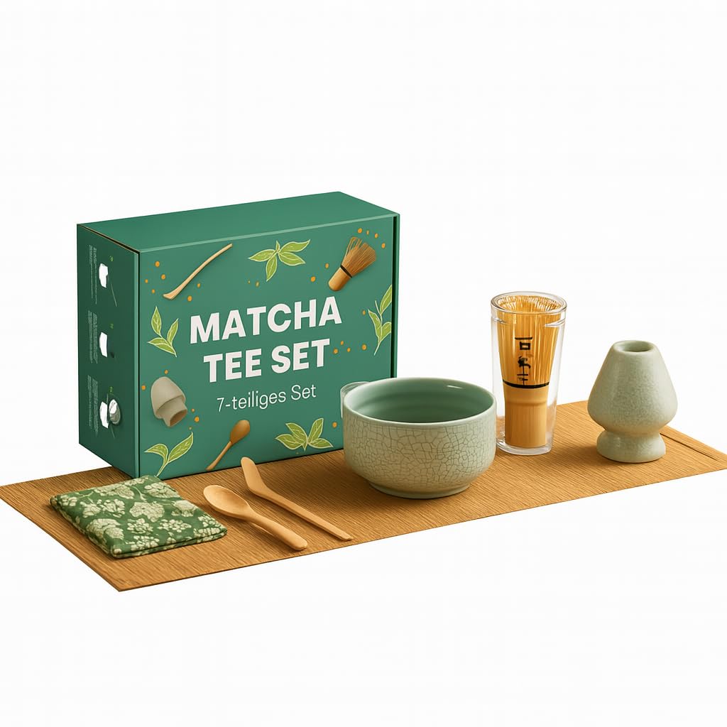 Matcha Tee Set - 7-teiliges Geschenkset mit Schale, Chasen (Besen), Chasenhalter, Handtuch, Bambuslöffel, Bambusschaber und Bambusmatte - Perfekt für Einsteiger und Profis