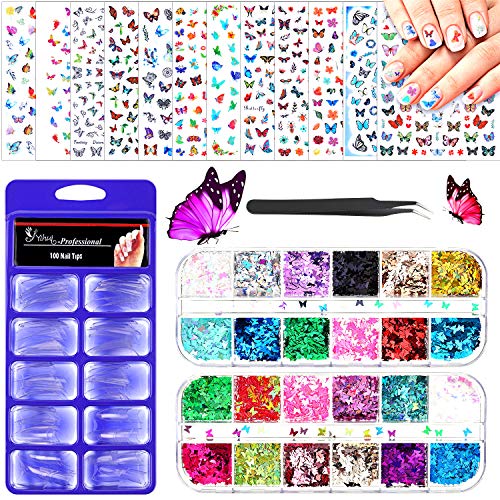 About 1500 Pieces 12 Sheet Butterfly Nail Art Sticker Flower Butterfly Nail Decals, 24 Boxes 24 Color Butterfly Nail Gli