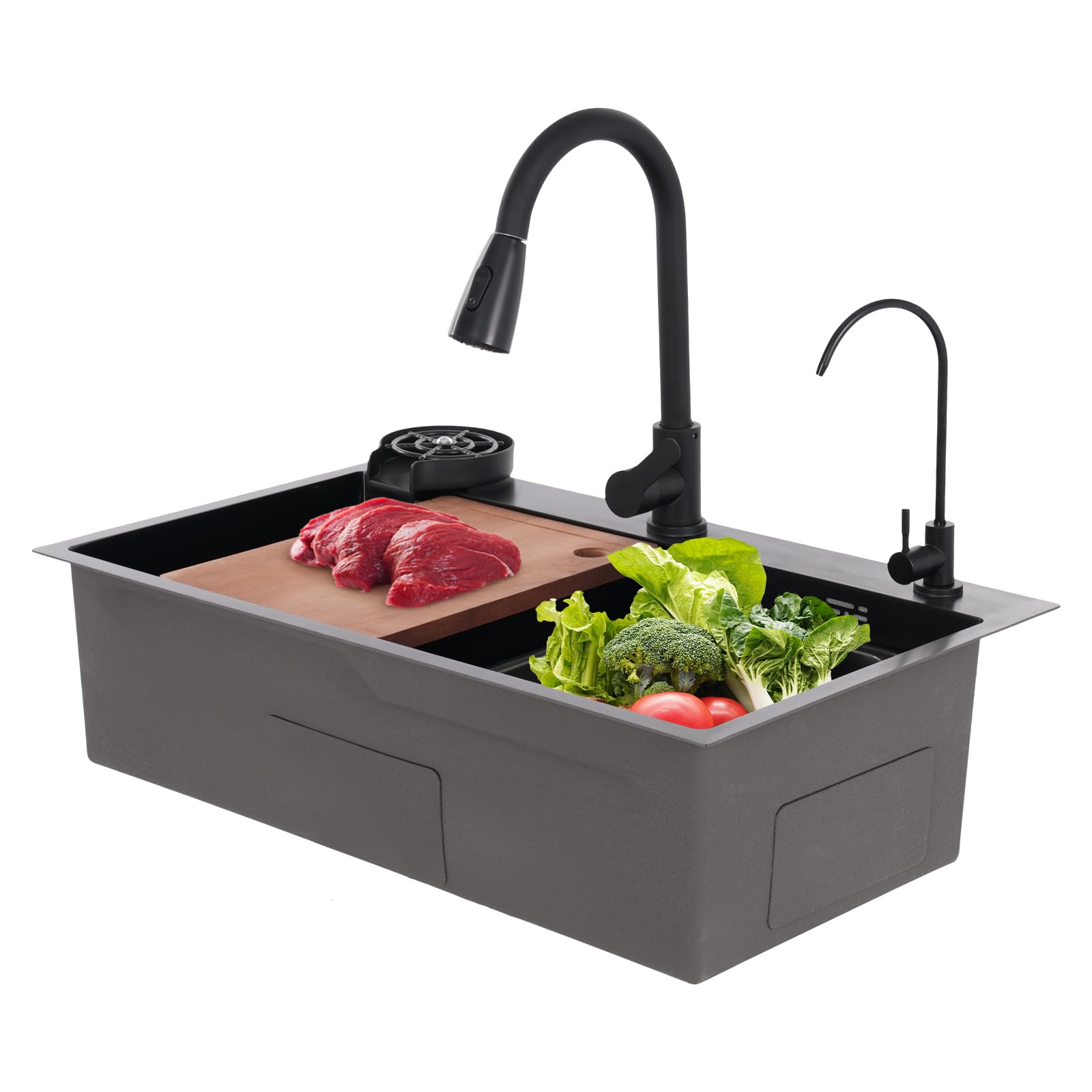 MINRS Évier de cuisine noir avec robinet, 75 x 45 cm, encastrable avec lave-vaisselle à tasses, planche à découper et égouttoir, 1 bac avec trois modes de sortie d'eau