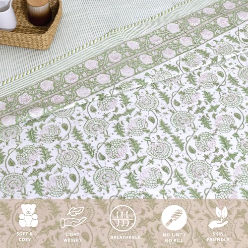 Image of TOAIArt Premium Jaipuri Dohar | AC Blanket Summer Quilt | Hand Block Printed | 3 Layers | Reversible | 150GSM 100% Mulmul Cotton | 100% Cotton Flannel Filling | King 108 inch X 90 inch |Green Kalamkari