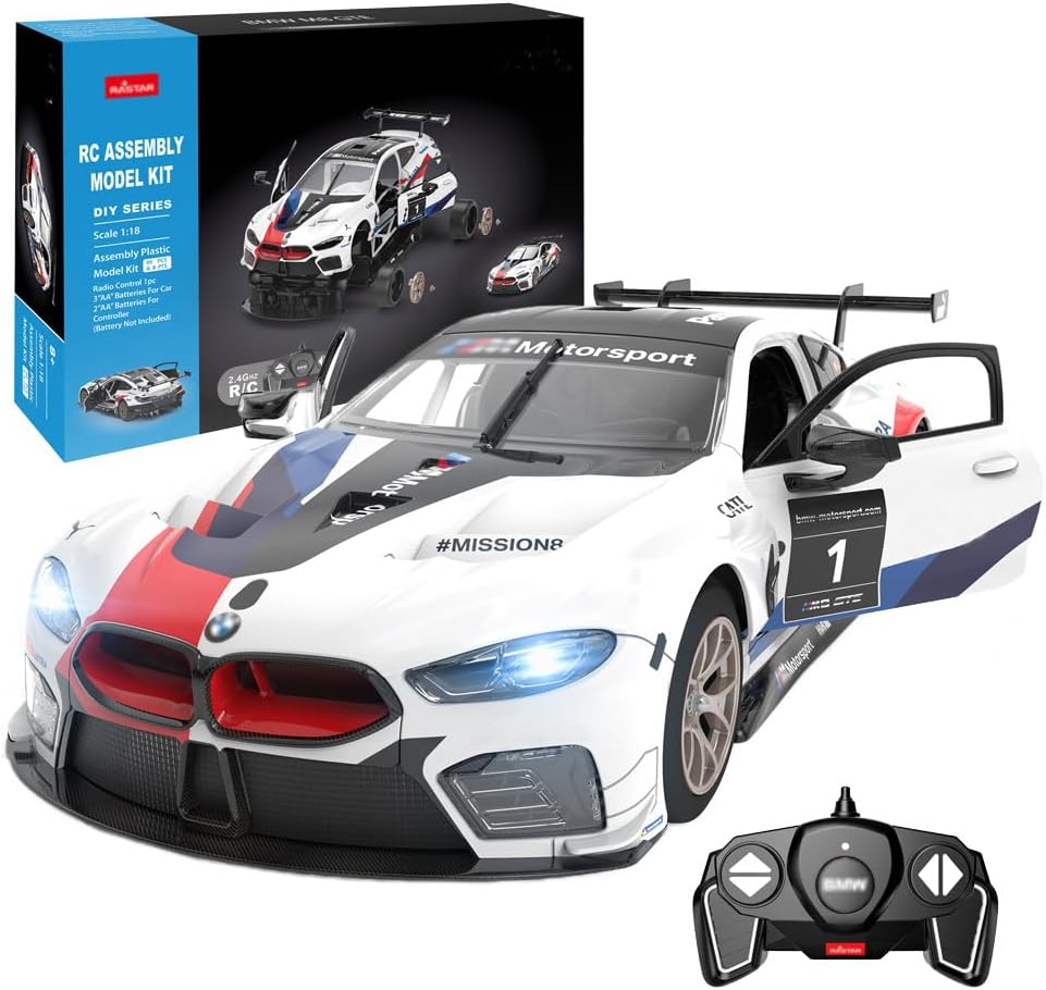 1/18 Scale RC Car Building Kit for BMW M8 GTE, Remote Control Car Building Block Set with 74 PCS, Openable Door, Headlight, Christmas Birthday Gift for Boys Kids Age 8-12, White