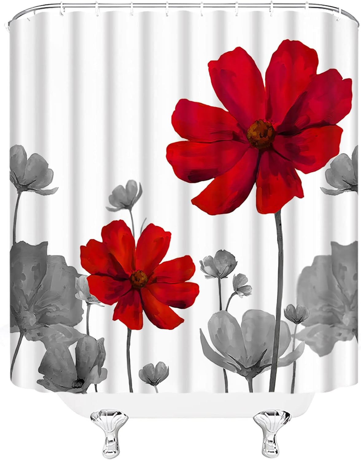 Red Grey Flower Shower Curtain Retro Floral Vintage Simple Elegant Abstract Flower Fabric Bathroom Curtains Decor Set with Hook (70" Wx74.8 H)