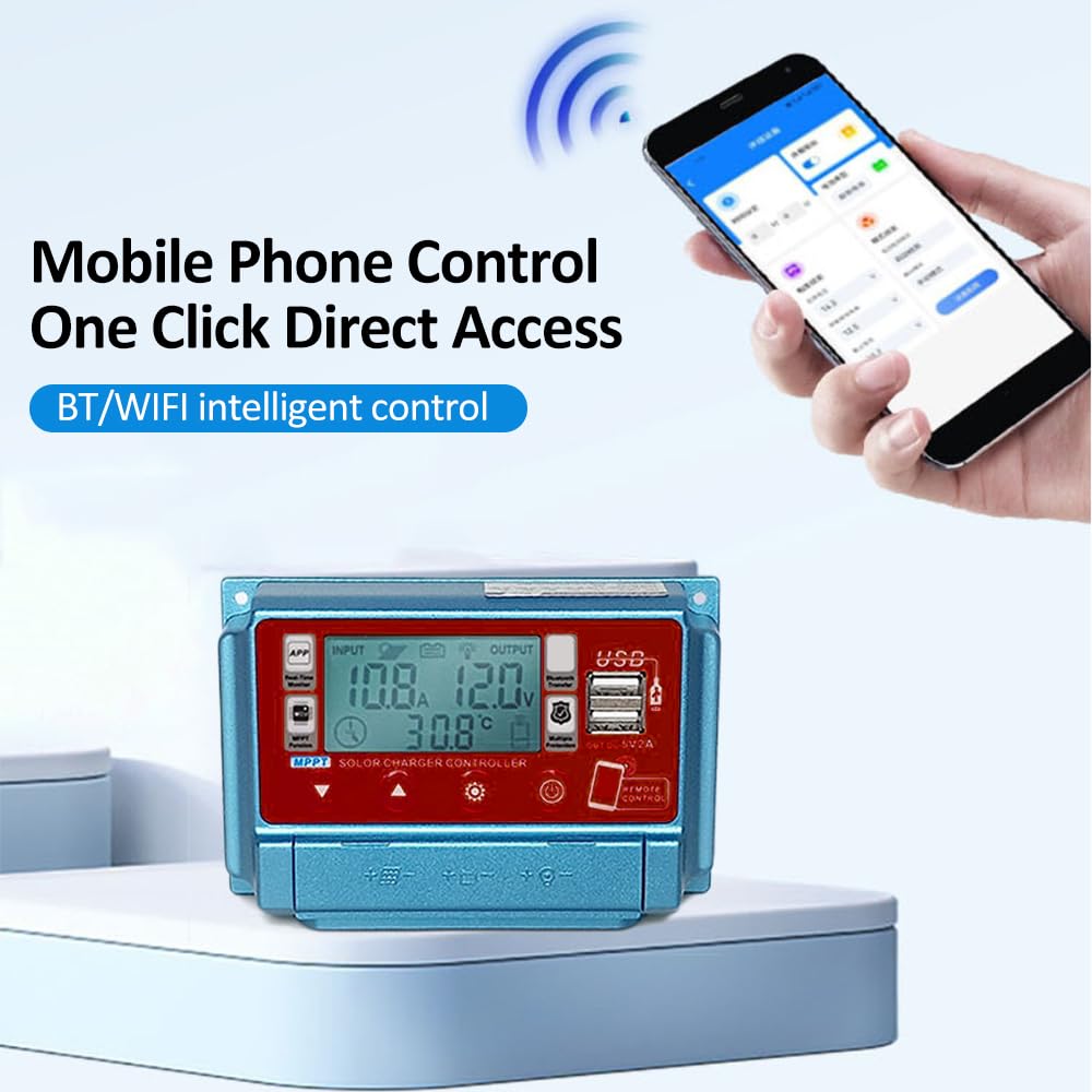 Regolatore di carica solare WiFi + BT 50A Regolatore di ricarica MPPT 12V/24V/36V/48V/60V Display LCD Doppio regolatore di uscita USB 5V APP Controllo remoto Regolatore di carica solare