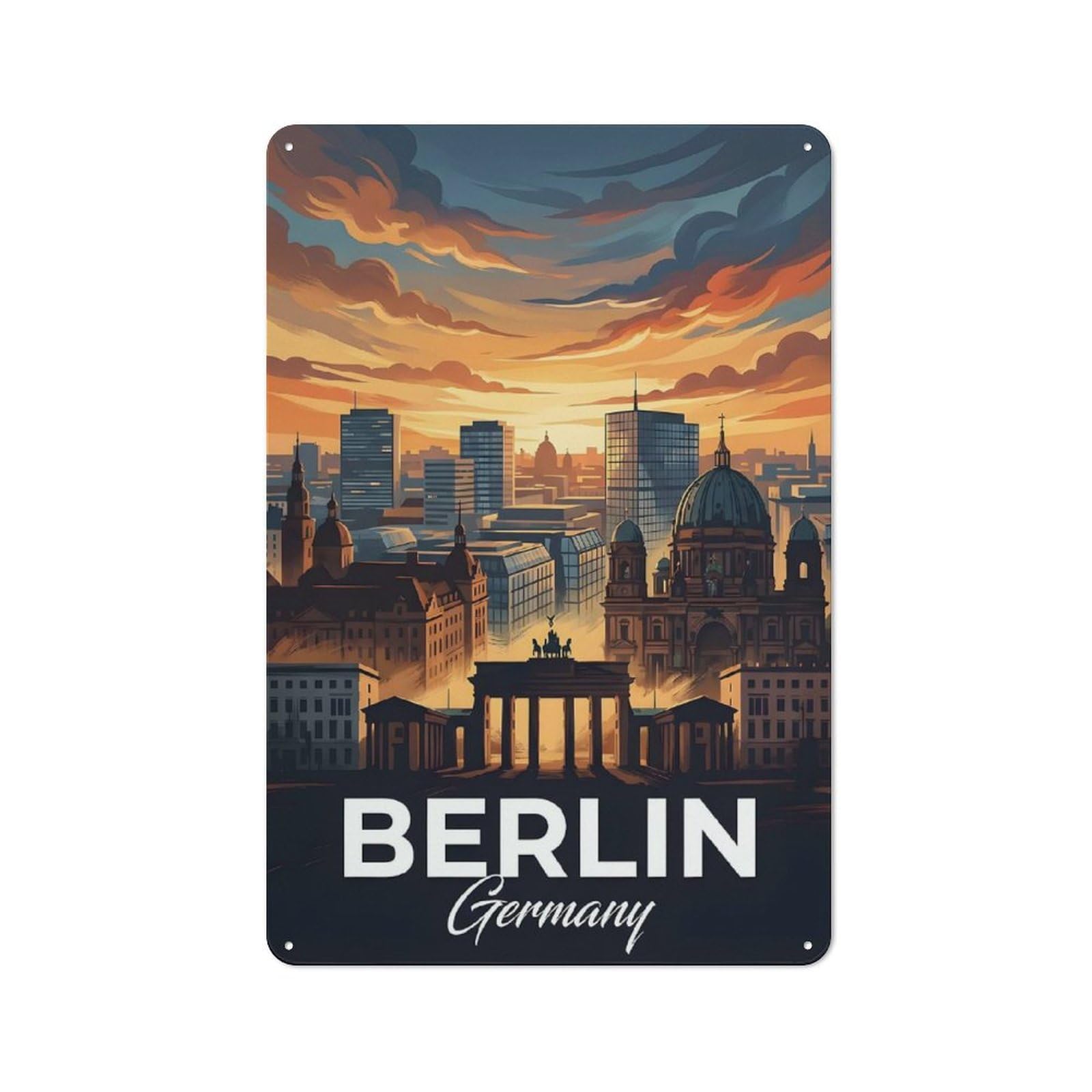 Junmoney Style-20 Tin Wall Plaque 30X20cm With Berlin Cityscape At Sunset For Hallway Wall, A Decorative Metal Sign For Hallways And Entrance Areas