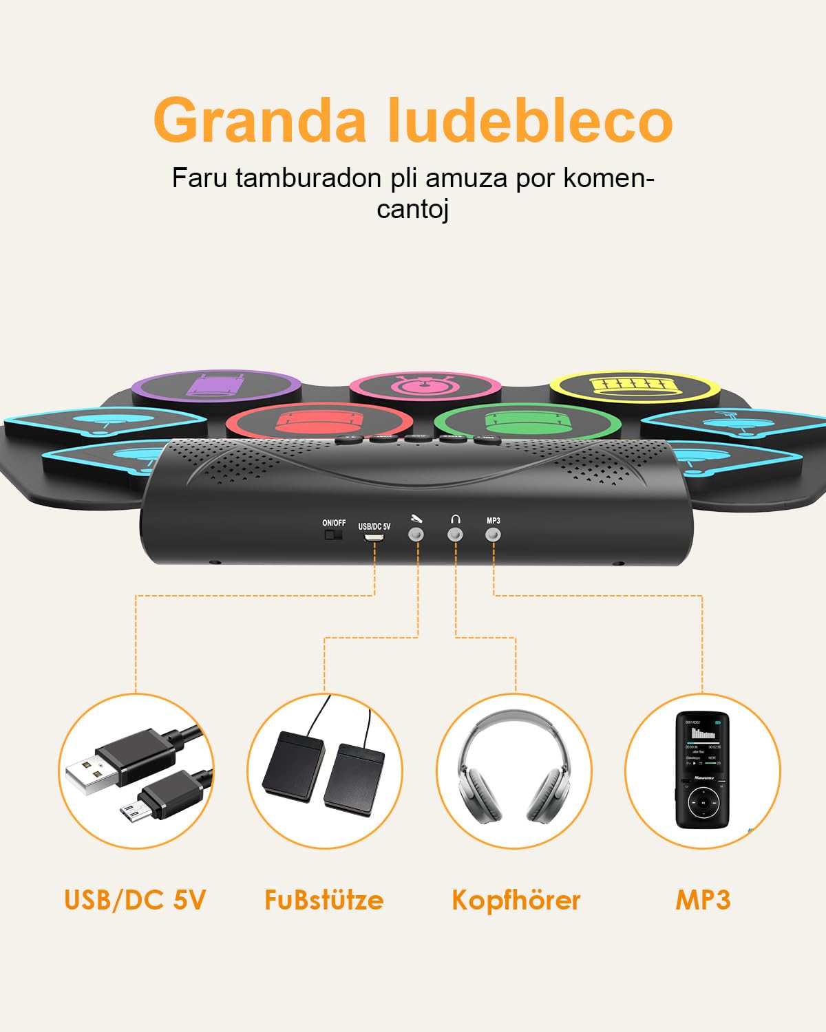 Batterie électronique pour enfants, 9 pads Roll-Up Drum avec MIDI Bluetooth, kit de pads de batterie d'entraînement pour enfants débutants avec haut-parleur stéréo intégré, baguettes de batterie