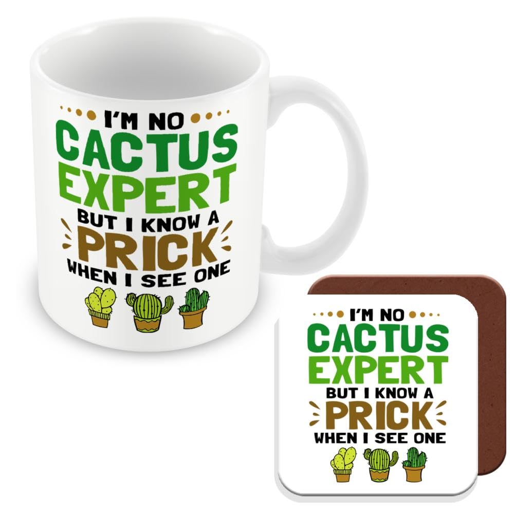 MUGGZ Work Colleague/Friend Funny Gift Mug & Coaster - I'm No Cactus Expert But I Know A Prick When I See One - Giftset - Made in The UK