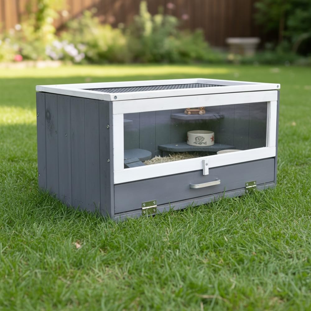 Melko Nagerkäfig aus Holz Grau/Weiß 60 x 35 x 30 cm – Kleintierstall mit Plexiglasfront & Gitterdeckel, inkl. Haus und Trinkflaschenhalter – Hamsterkäfig, Mäusekäfig, Kleintierhaus