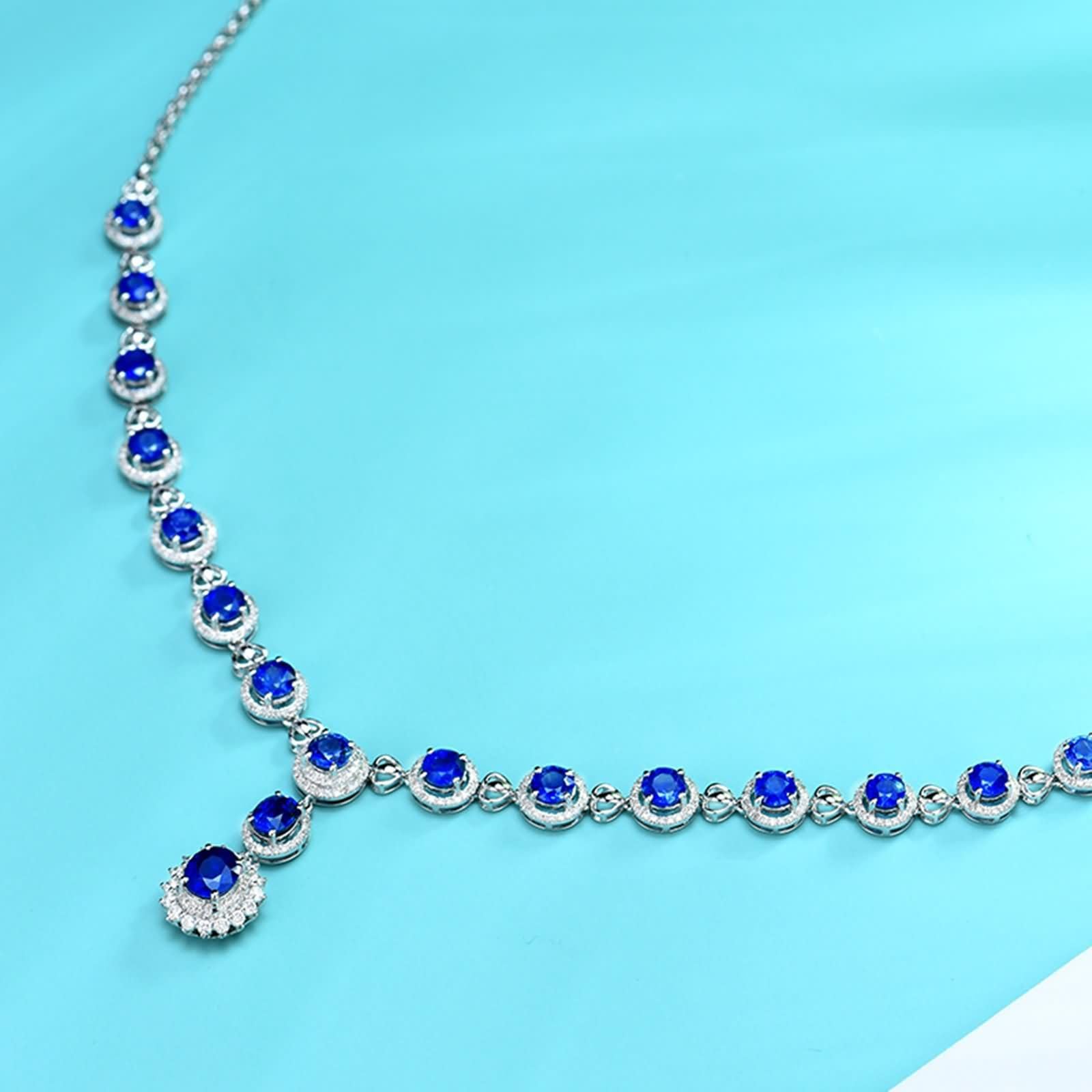Catena Collana Oro Bianco 18 Carati Donna,Catene Collane Rotondo con Zaffiro Sintetico 7,3 ct Catena Collana Donna Blu Argento