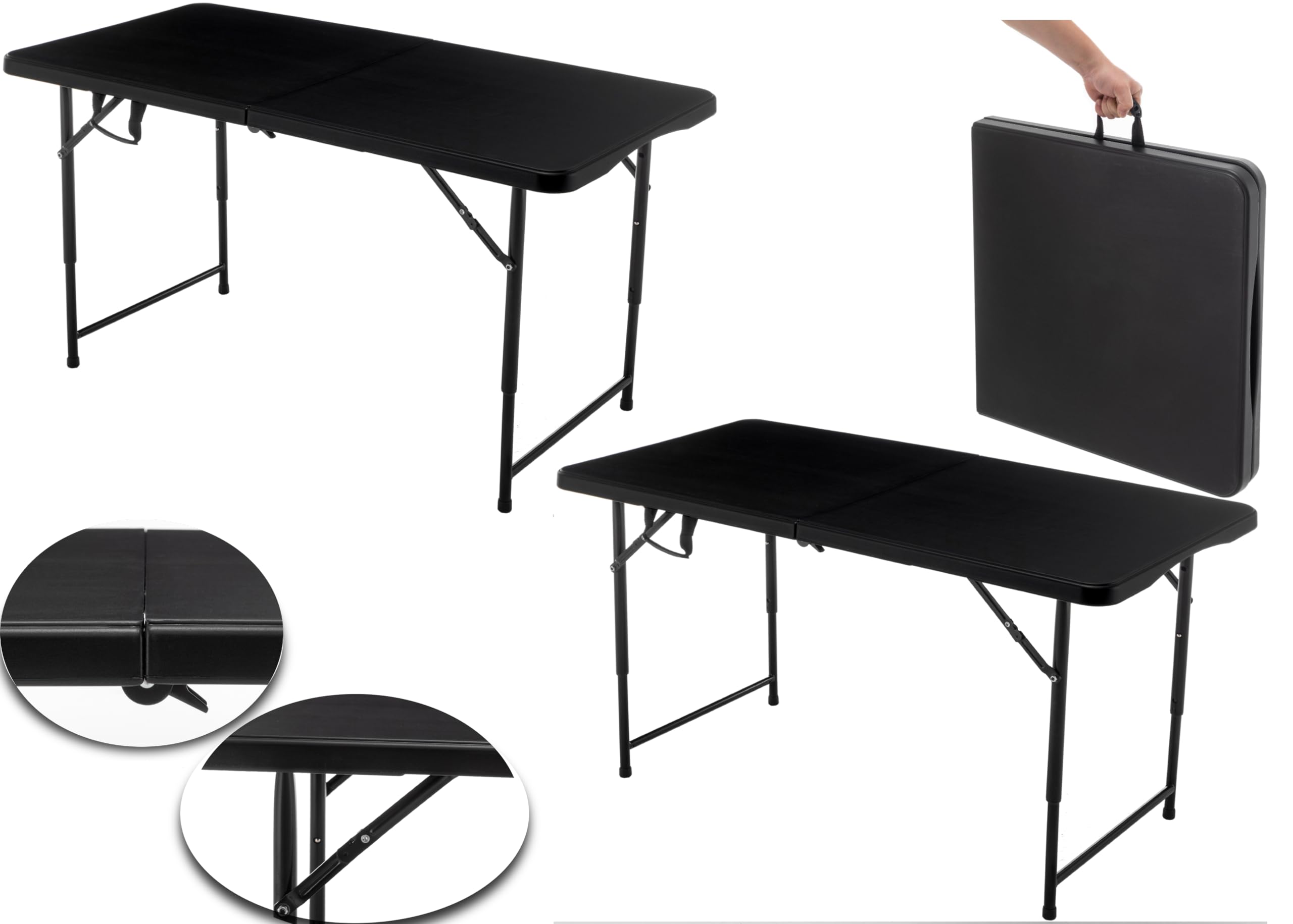 BTEXPERT Set of 2, Fold-in-Half Folding Utility Table 4Feet Lightweight Height Adjustable Portable Carrying Handle Indoor Outdoor Picnic Camping Office Home Party Easy to Clean Store Care Black