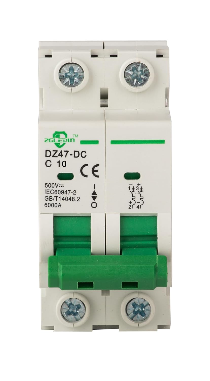 DC Miniature Circuit Breaker, 2 Pole 10 Amp, 250V-500VDC, 6kA Din Rail Mount Breaker with Thermal Magnetic Trip, DZ47-63 C10 2P, DC Solar MCB