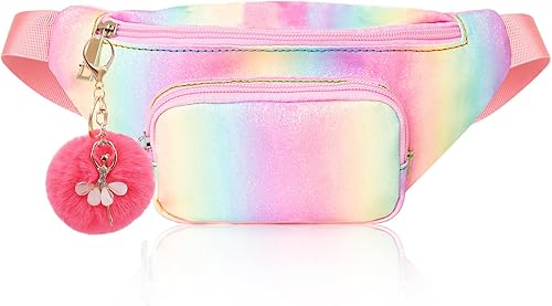 Riñonera de moda brillante para niñas, con dos bolsillos, manos libres, ligera, con cinturón, para vacaciones, festivales, fiestas, viajes, color
