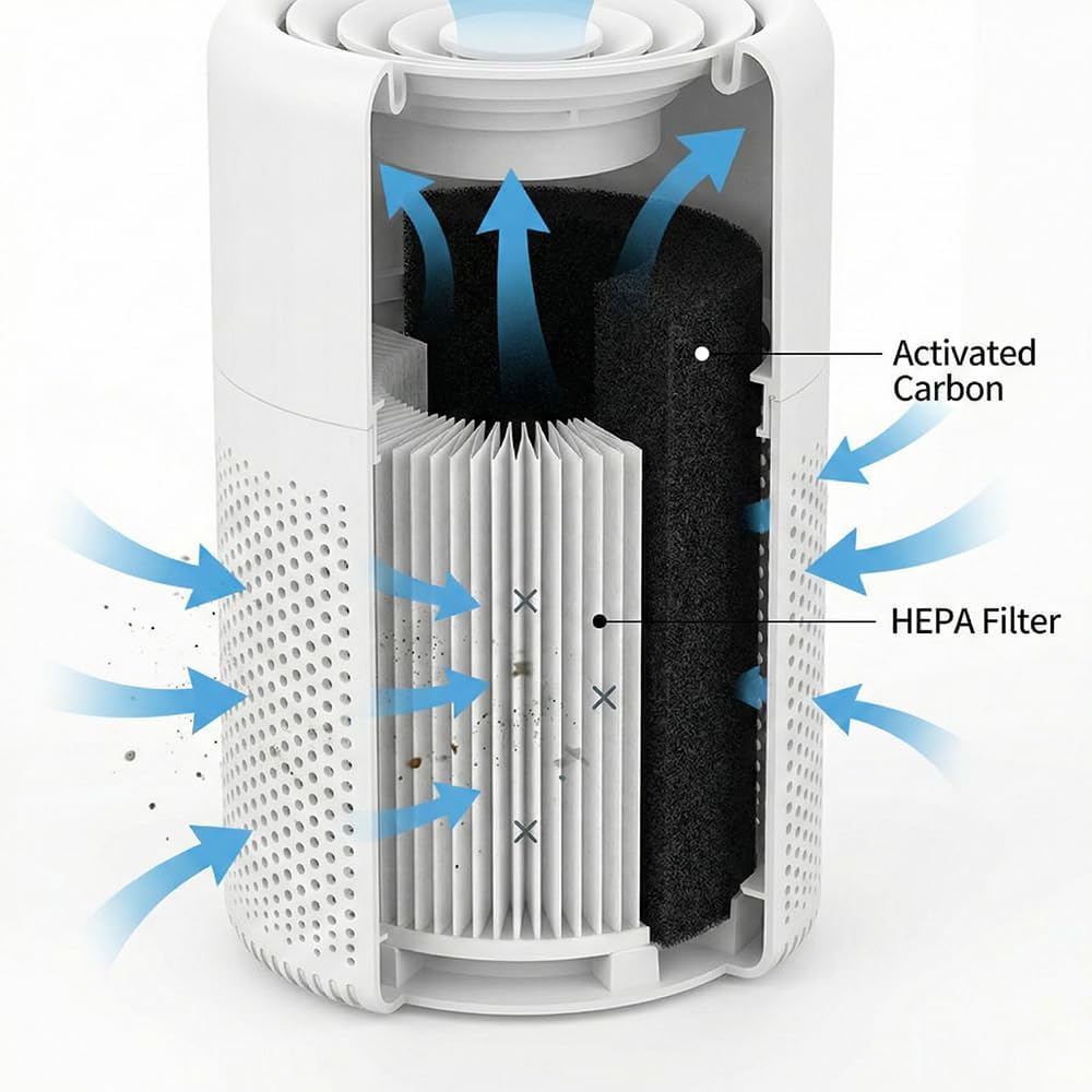 Air Purifiers for Home with Quiet HEPA Filter for Pet Hair, Smoke, Pollen, Dander, Compact Air Cleaner for Home Bedroom Office, Quiet 360°Intake Filter, White