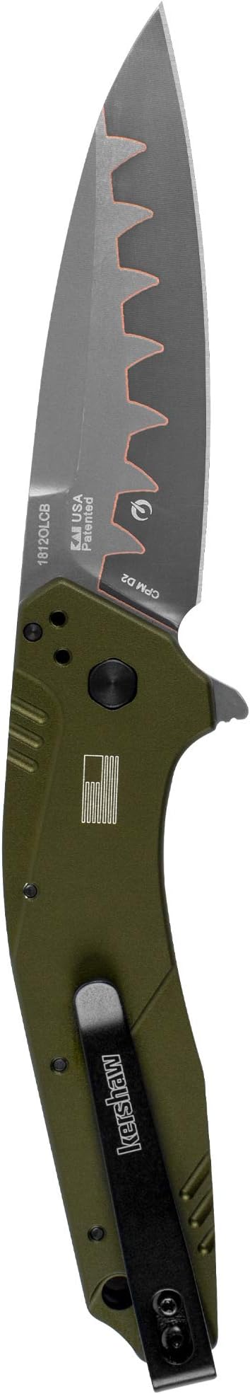 Kershaw Glassbreaker Blur Pocketknife, 3.4 Sandvik 14C28N Stainless Steel Recurved Serrated Blade & Dividend Pocketknife, Olive, 3 CPM D2 and Bohler N690 Composite Drop PointBlade