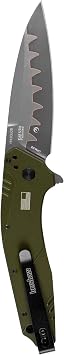 Kershaw Glassbreaker Blur Pocketknife, 3.4 Sandvik 14C28N Stainless Steel Recurved Serrated Blade & Dividend Pocketknife, Olive, 3 CPM D2 and Bohler N690 Composite Drop PointBlade
