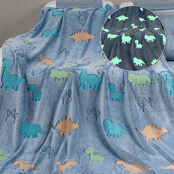 Happy Hues Glow in The Dark Blanket- Dinosaur| 70 x 60 inch / 180cm x 152cm |Gifts for Toddler- Kids-Teens Boys & Girls |Travel Lightweight -Throw Blankets| Soft Cozy Fluffy- Blue, Polyester| TC - 230