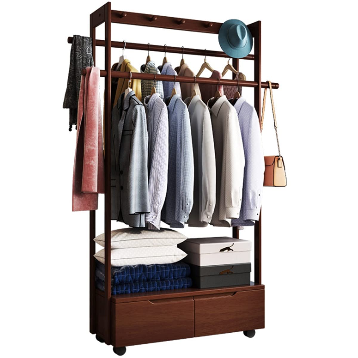 Wood Garment Coat with Wheels Clothes Hanging Heavy Duty Rack with 2 Drawer Top Shelf and Shoe Clothing