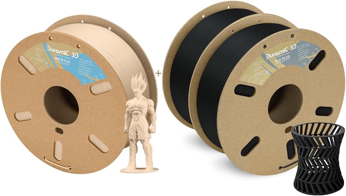 DURAMIC 3D PLA+ Filament 1.75mm 2Kg Black, PLA Plus 3D Printer Filament 2 Pack+Matte PLA Filament 1.75mm Skin