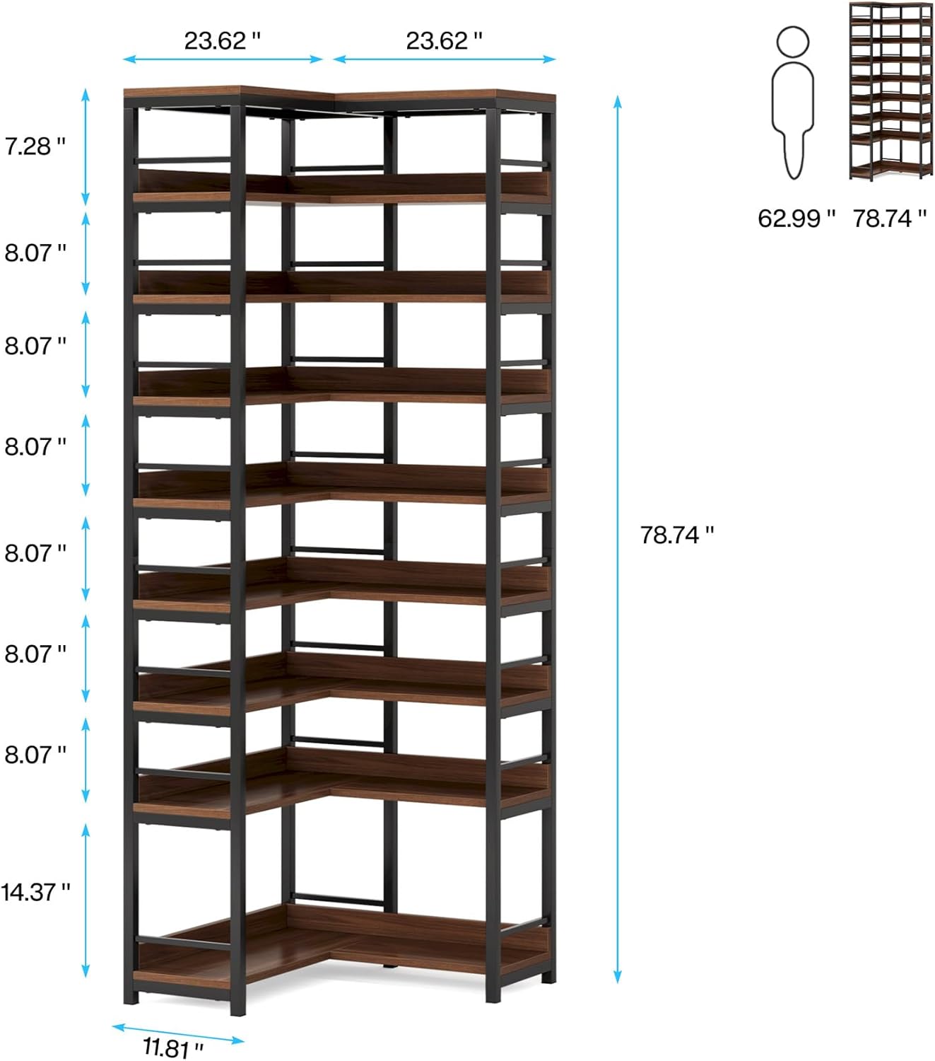 Diagram showing the detailed dimensions of the Tribesigns 9-Tier Corner Shoe Rack.