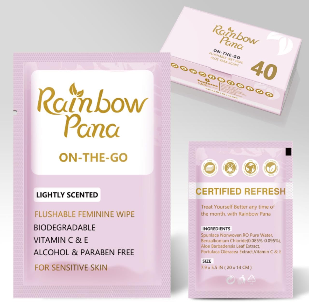 RainbowPana Feminine Wipes, 40 Count ON-THE-GO Individually Wrapped | Flushable Wipes, Travel Wipes for Women, Pre/Post-Intimacy Cleansing | Aloe, Portulaca, Vitamin E | pH Balanced, Biodegradable