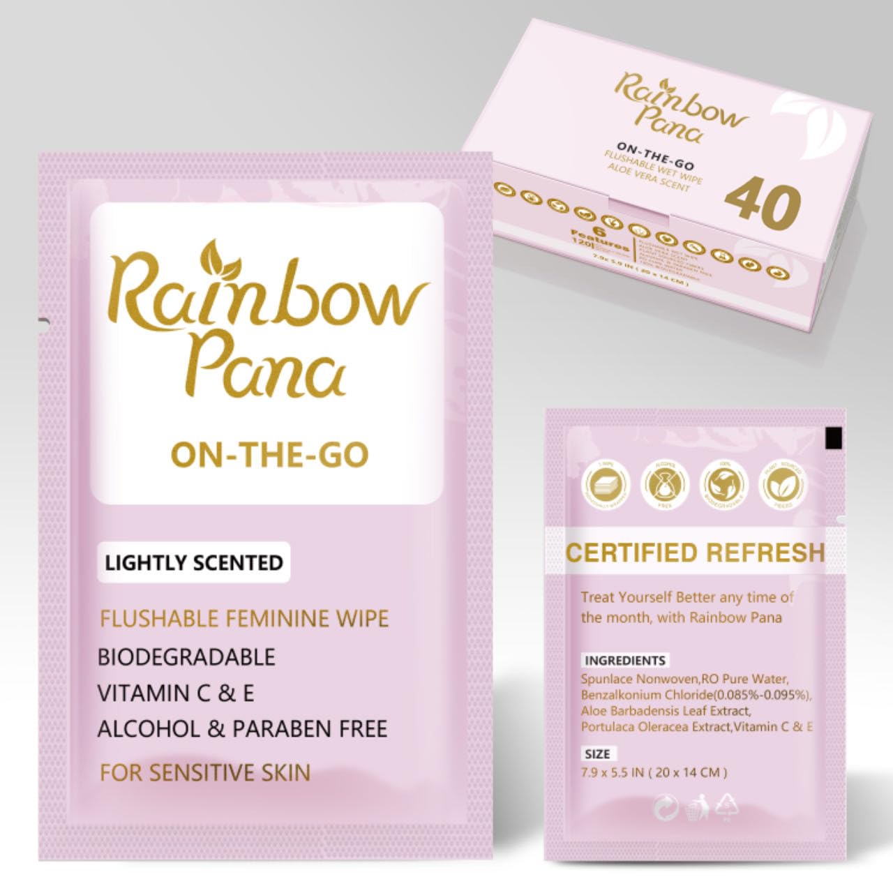 RainbowPana Feminine Wipes, 40 Count ON-THE-GO Individually Wrapped | Flushable Wipes, Travel Wipes for Women, Pre/Post-Intimacy Cleansing | Aloe, Portulaca, Vitamin E | pH Balanced, Biodegradable RainbowPana Feminine Wipes, 40 Count ON-THE-GO Individually Wrapped | Flushable Wipes, Travel Wipes for Women, Pre/Post-Intimacy Cleansing | Aloe, Portulaca, Vitamin E | pH Balanced, Biodegradable