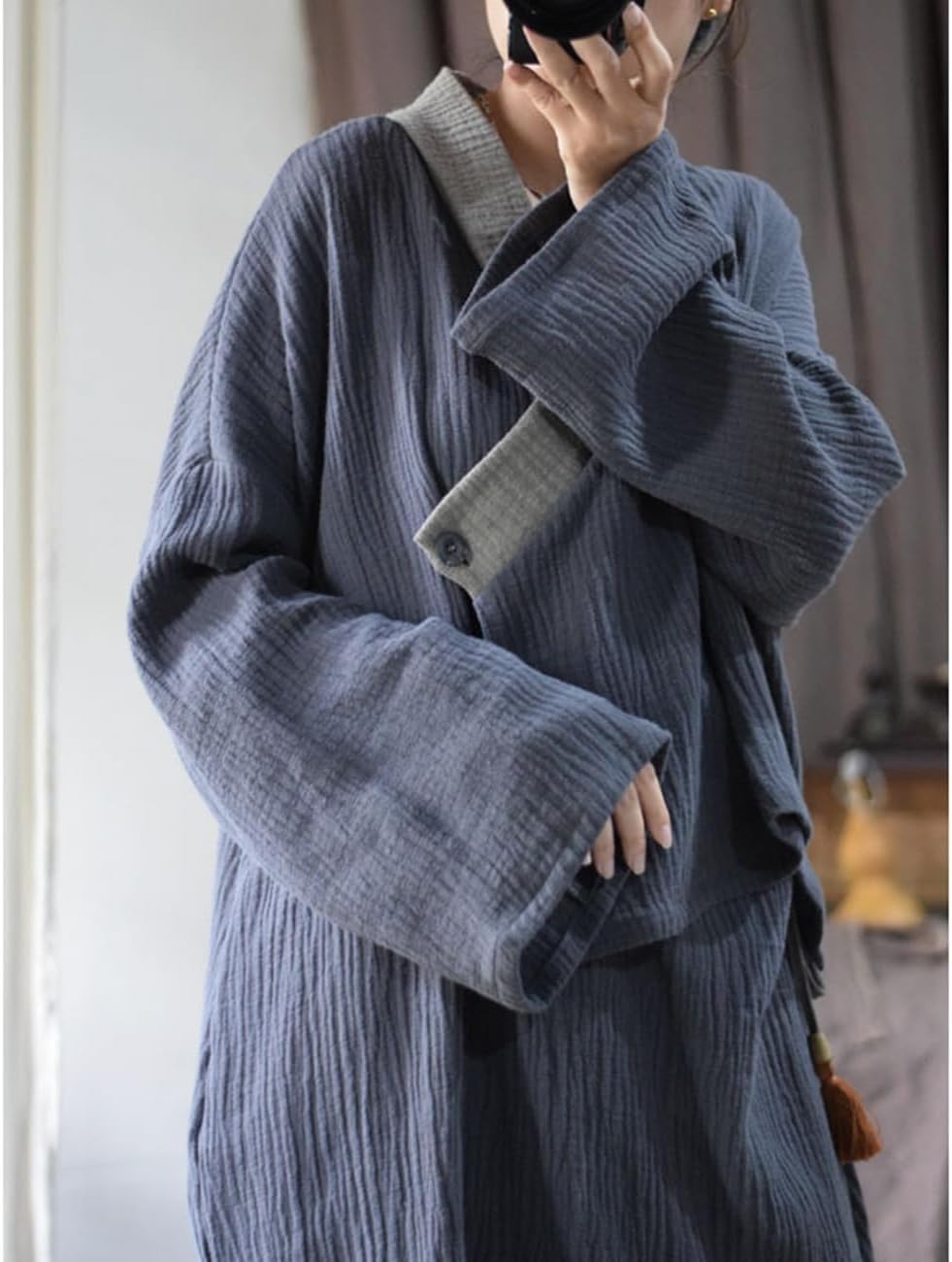 NFYM Womens Asymmetrical Shirt Textured Cotton Top Tie Wrap Chinese Zen Meditation Clothes Yoga Suit