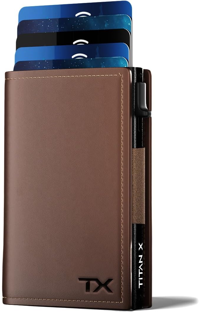 TITAN X Trifold Edition Wallet Compatible with Airtag | Minimalist Metal and Leather Wallet | for Men | for Front Pocket | RFID, Slim, Gift Boxed (Dark Brown Leather)