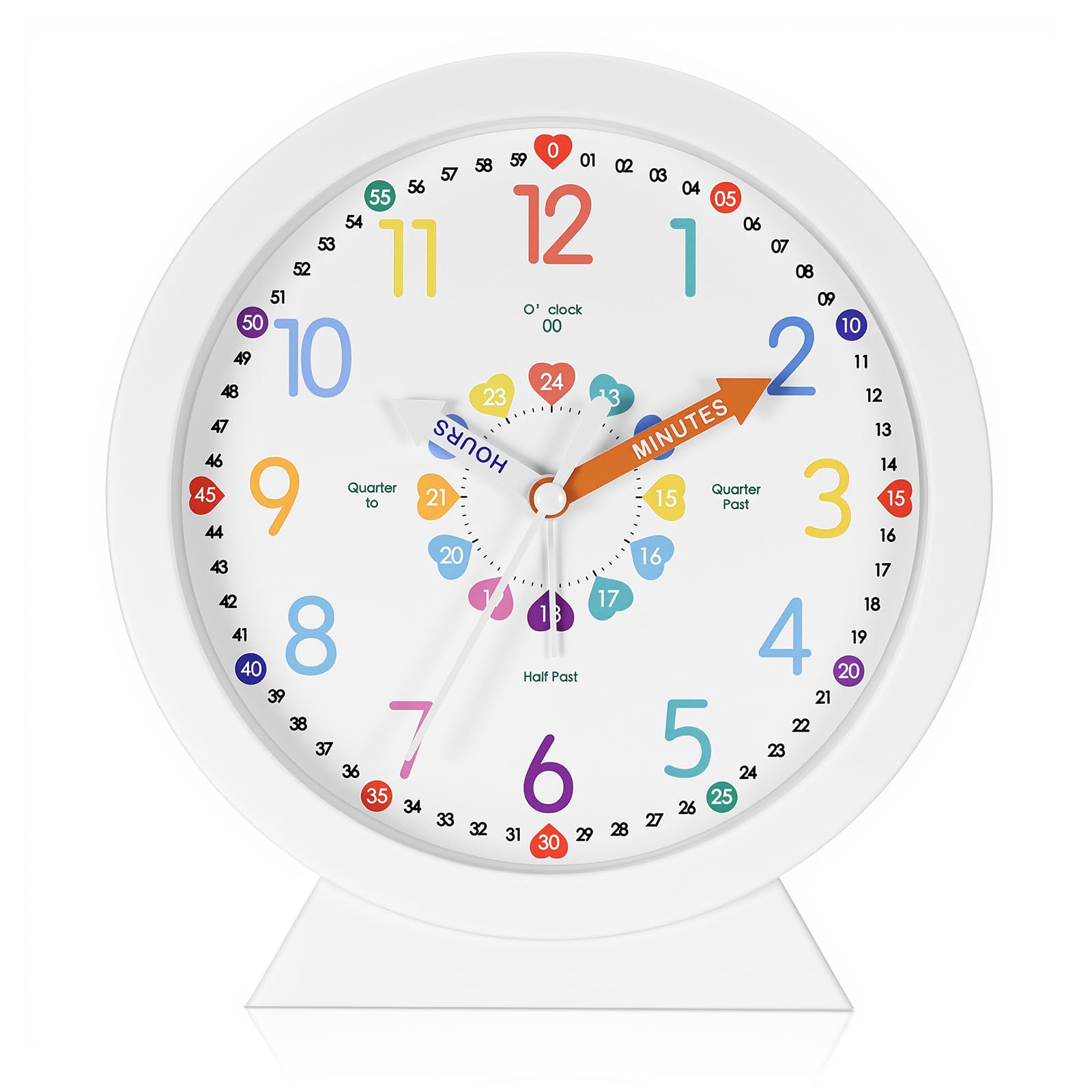 JIZZU Kids Wall Clock, 6.5 Inch Table Clock, Alarm Function, Easy Reading, Silent Non-Ticking, Learning Clocks for Boys and Girls, Colorful Decorative Wall Clocks for Children's Room (Heart-Shaped)