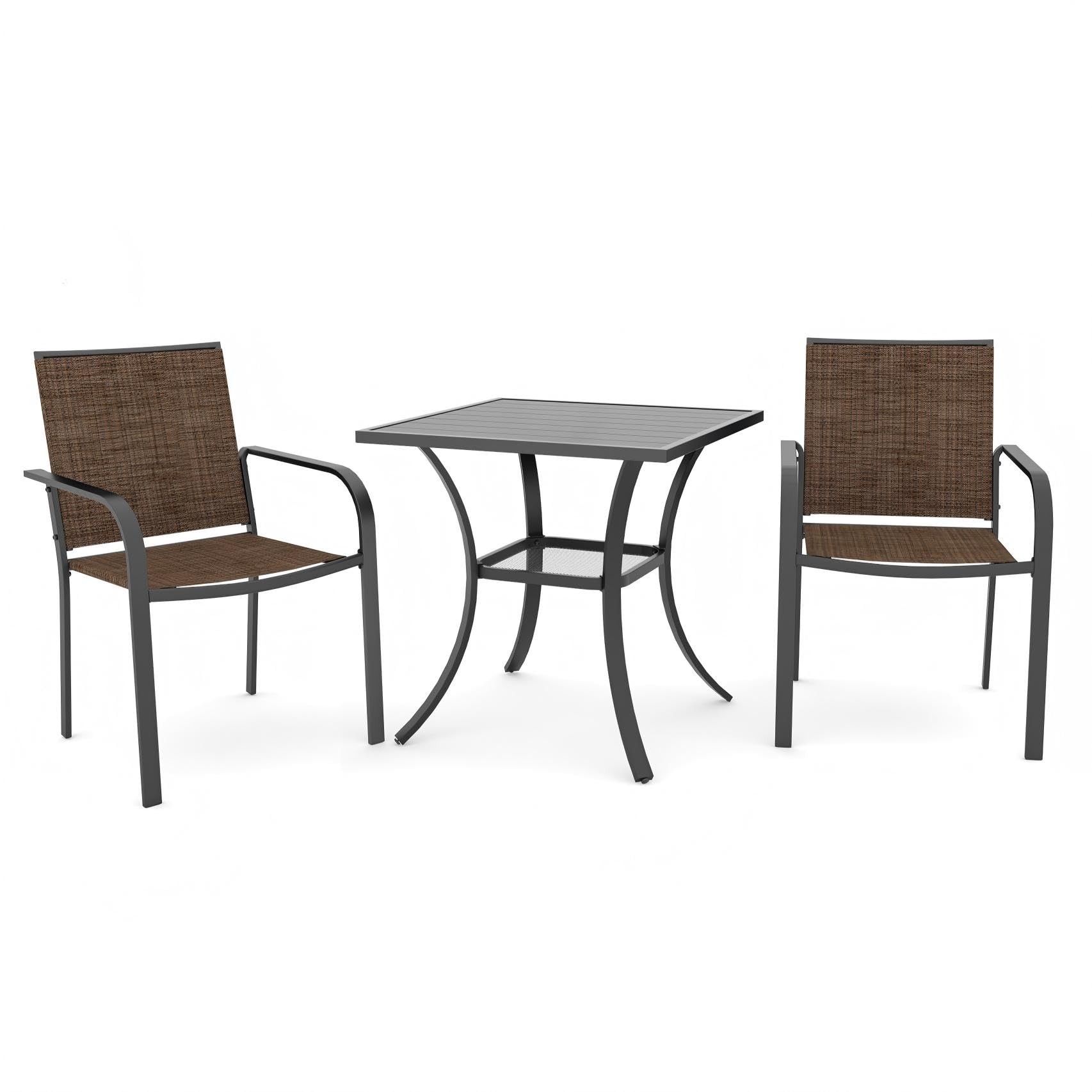 Anmutig Outdoor Bistro Set for 2, Stackable Chairs &amp; Square Table, Brown