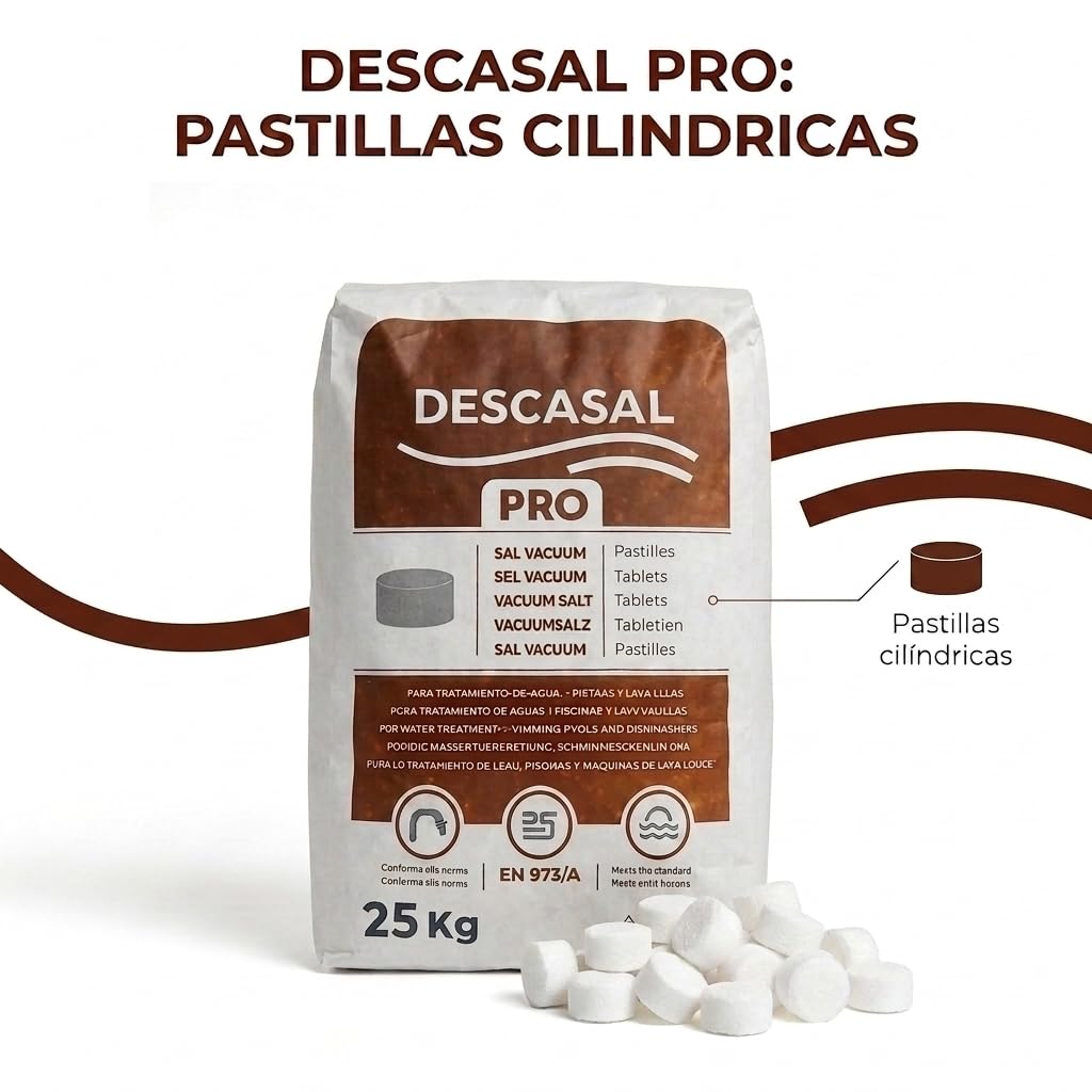 SAL DESCALCIFICADOR 25 KG | SAL NATURAL EN PASTILLAS PARA DESCALCIFICADOR I SACO 25kg | RENDIMIENTO MAXIMO Y DISOLUCION PROGRESIVA.