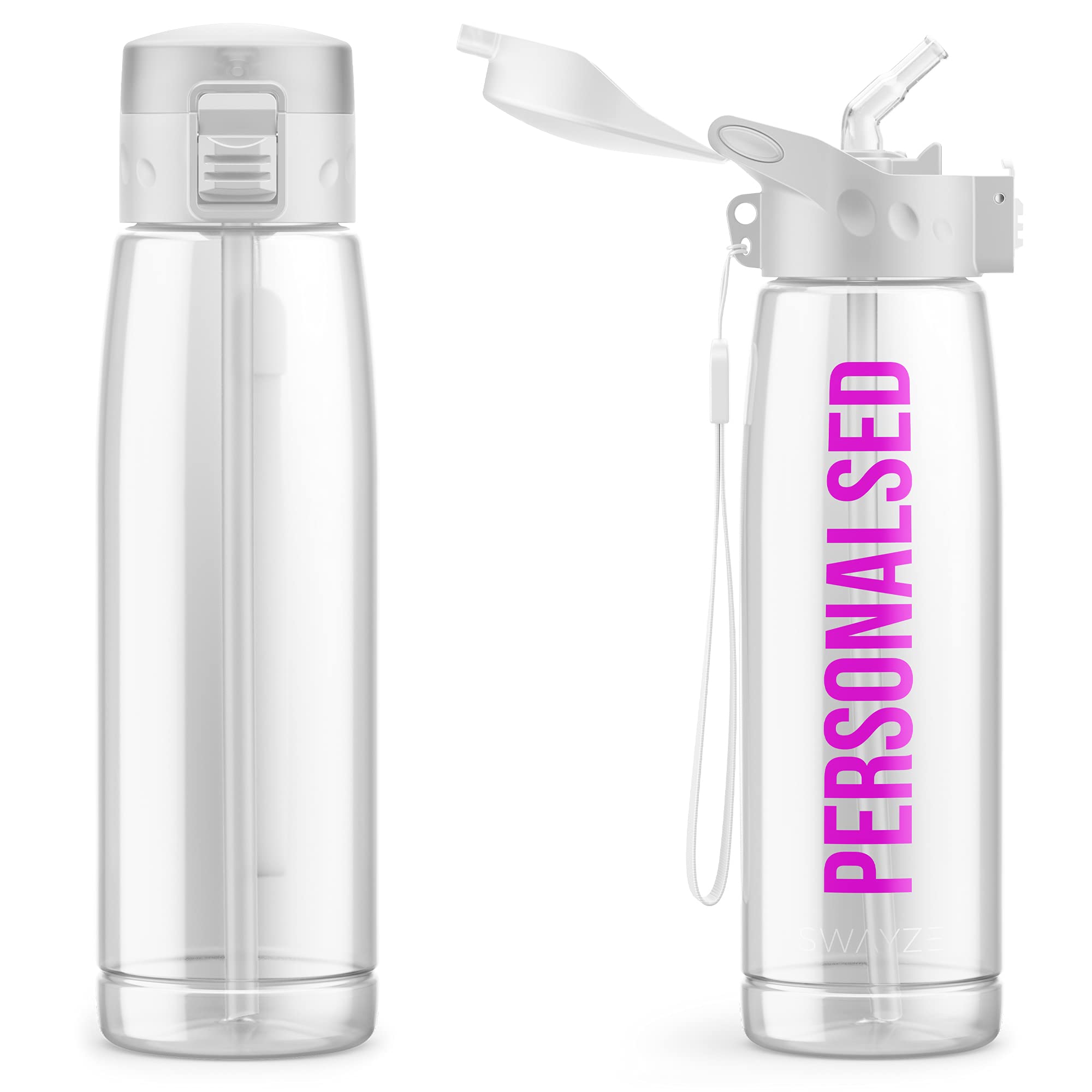 Swayze Personalised Water Bottle With Straw 660ml, School Water Bottles Boys Girls, Gym Bottle Bpa Free Cycling Sports Add Your Custom Text To Bottle (Clear)