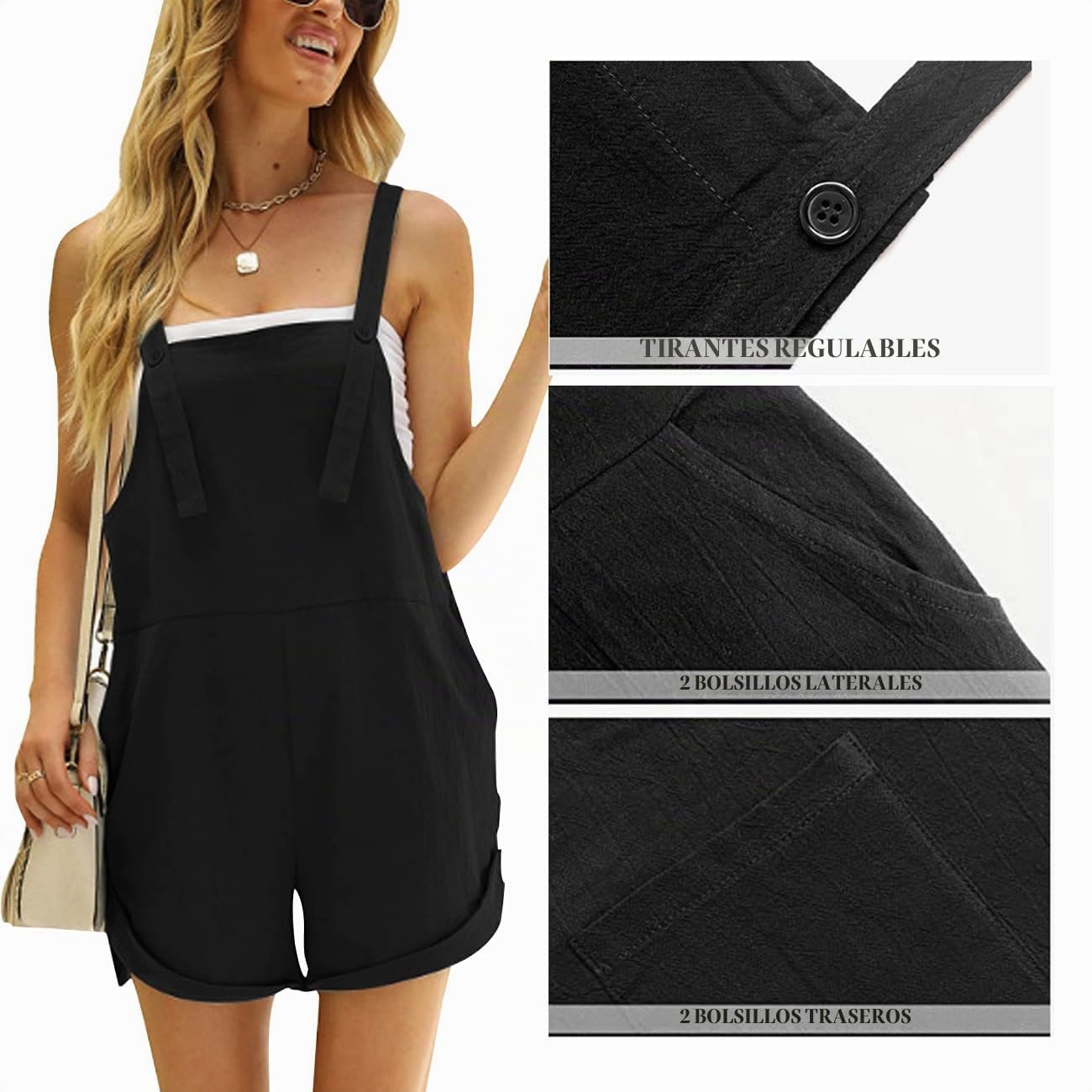 Monos Mujer Verano Corto Jumpsuit Una Pieza Playsuit Monos Sin Mangas Jumpsuit Pantalón con Bolsillos Botón Rompers Playa