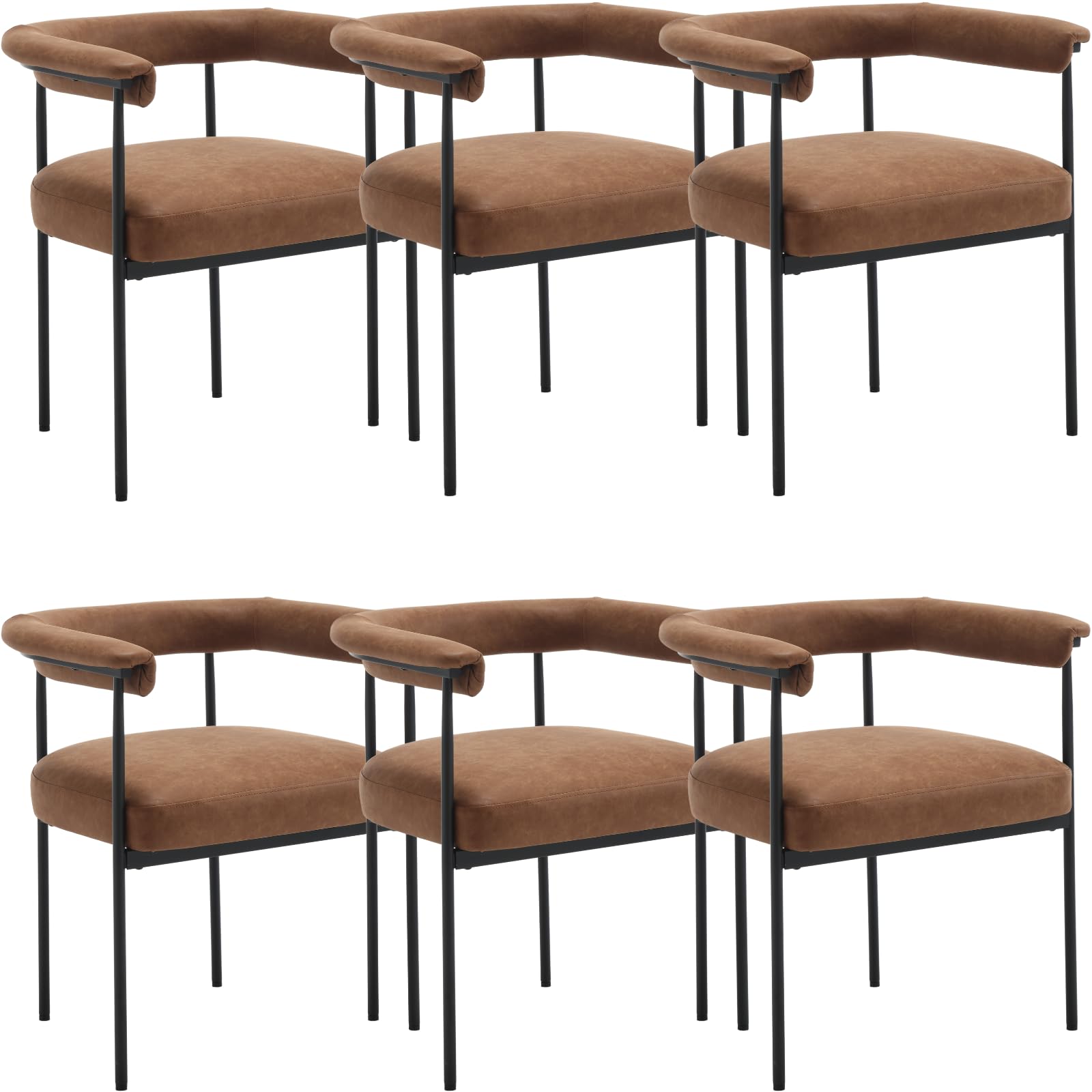 Ya-Home Modern Dining Chairs Set of 6, Upholstered PU Side Chair Armchair with Barrel Backrest Black Metal Frame for Dining Room Living Room, Brown