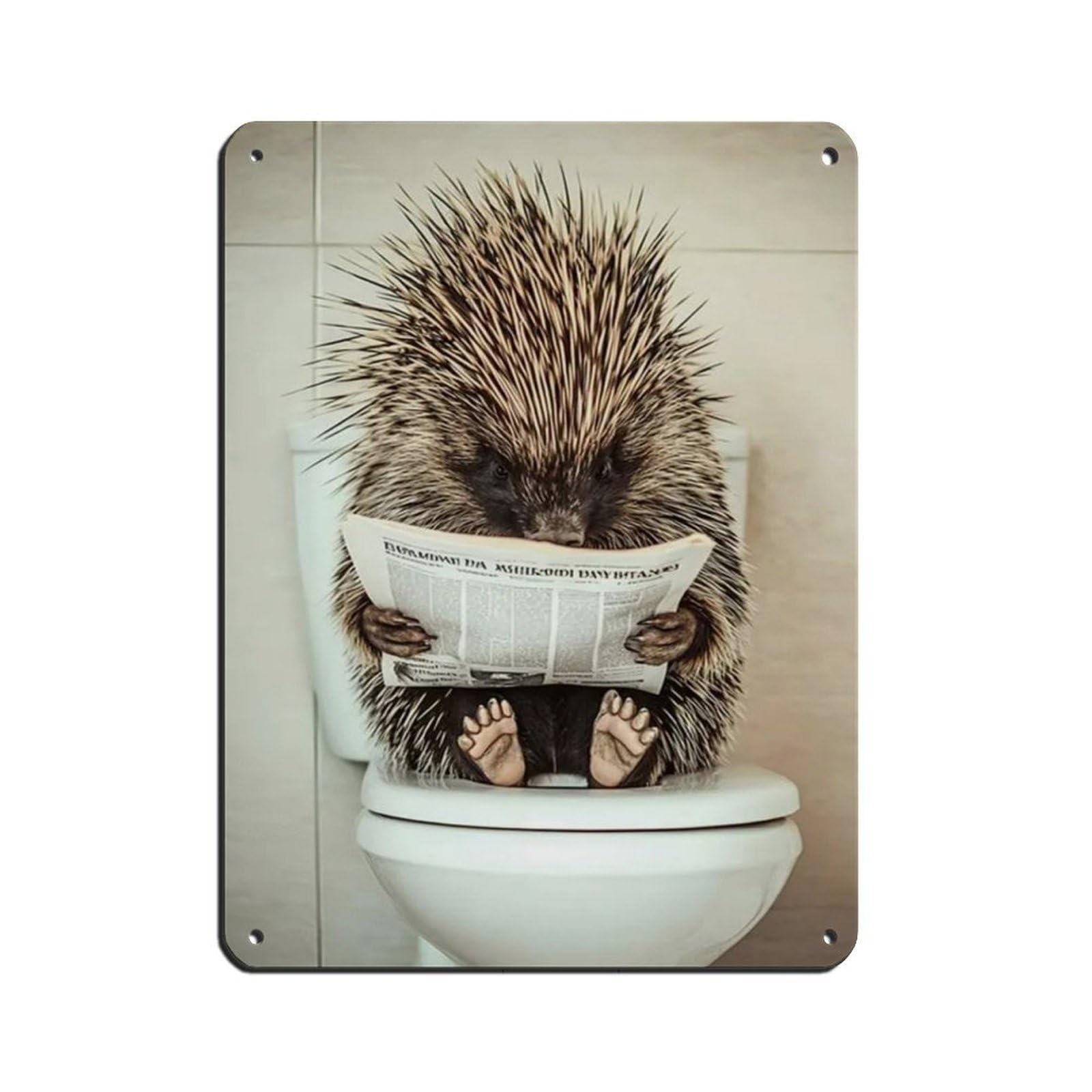 Porcupine Sitting on Toilet Reading Newspaper Tin Sign Vintage Metal Pub Club Cafe Bar Home Wall Art Decoration Poster Retro 12x16inch(30x40cm)