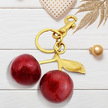 Quadafy 18K Gold Plated Cherry Keychain, Cherry Purse Charm