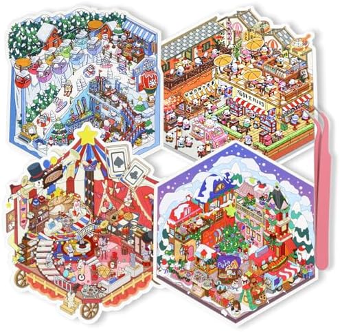 4 Sets 3D Sticker Scene, Carnival Theme with Skit, Circus, Christmas, Snack Street, 3D Sticker Therapy Scenes for Adults Kids to Relief Stress Enjoy Winter Party Time (Contain A Tweezers)