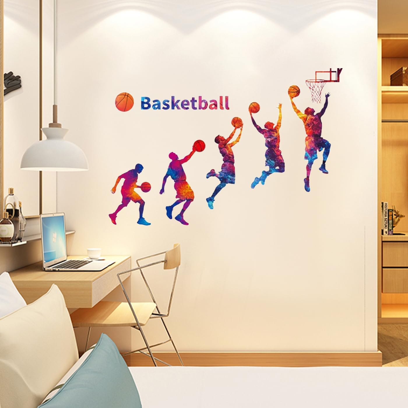 PLIGREAT 2 Sheets Basketball Player Wall Stickers Colorful Sport Silhouette Wall Decor Shooting Action Wall Decals Removable Peel and Stick Wall Stickers for Kids Bedroom Playroom Classroom Gym - Image 2