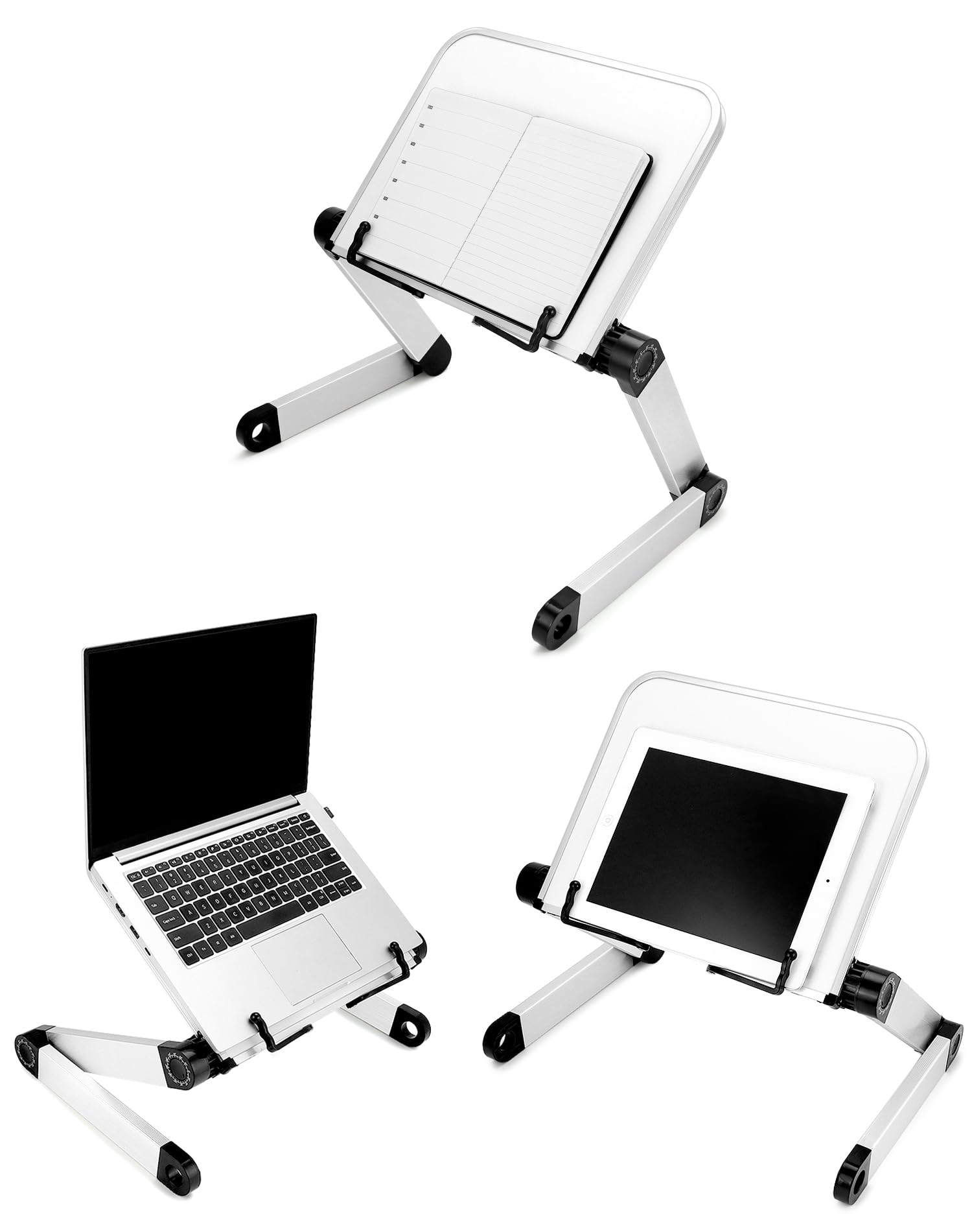 QWORK® Supporto per libri regolabile, supporto per lettura in lega di alluminio, leggio libri da letto, supporto per libri di cucina, pieghevole, bianco