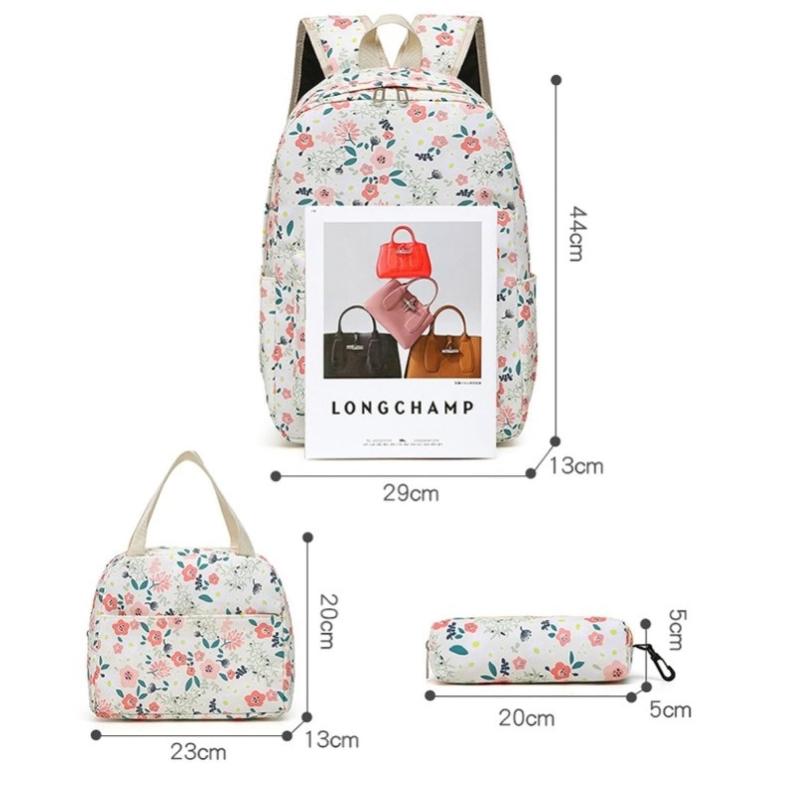 Zaino da Viaggio 3 in 1 Floral-Print Set Scuola con Sacchetto A Pranzo E Borsa Matita per Ragazze Adolescenti-c