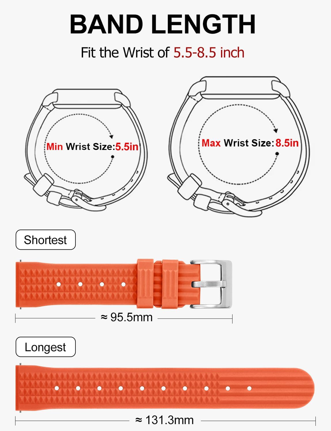 watchdives Rubber Waffle Watch Band, Soft Rubber Watch Strap Waterproof Replacement Dive Watchbands with Two Fixing Loops for Men & Women (Orange-Fast Release, 20mm) image 5